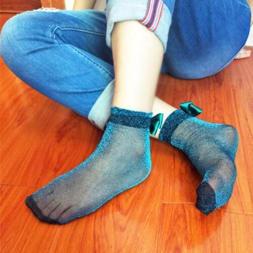 Womens Socks Spring New Bright Silk Thin Socks Glossy Womens Socks Sexy Bow sox