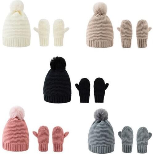 New Warm Childrens Knitted Hats Gloves Suits Winter Pompon Ball Crochet Cap Mitten Set for Boys and Girls TD481
