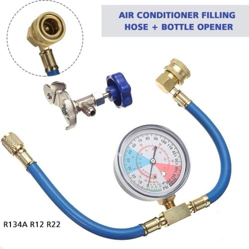 Blue Car R134A Refrigerant Connector Recharger Hose With Pressure Gauge Measuring Kit Stainless Steel Diagnostic Tool