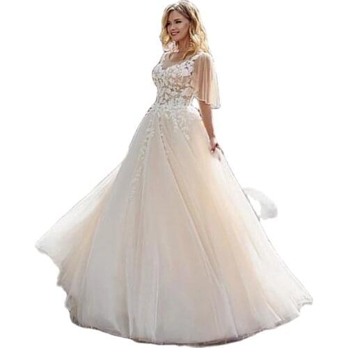 A Line Short Cap Sleeves Bridal Gowns Boho Wedding Dress Transparent Buttons Back Lace Bridel Gown Court Train 2020