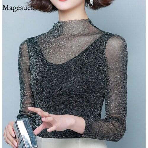 Elegant Office Lady Slim Pullover Blouse Blusas New 2021 Autumn Long Sleeve T-shirt Loose Turtleneck Mesh Bright Silk Tops 16719