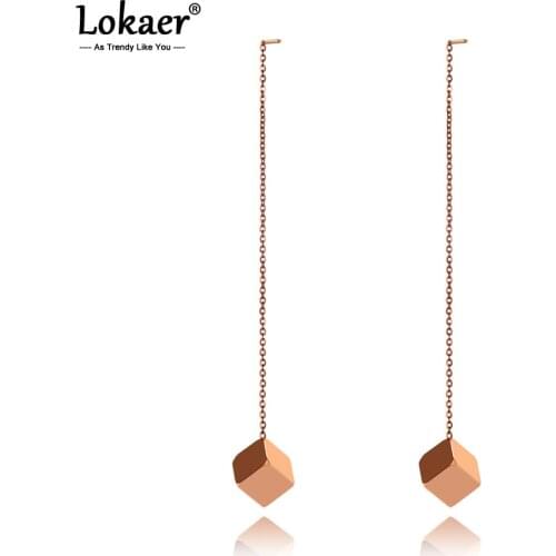 Lokaer Trendy Titanium Stainless Steel Square Long Tassel Earrings For Women Girls Creative Chain Dangle Earring Jewelry E19296