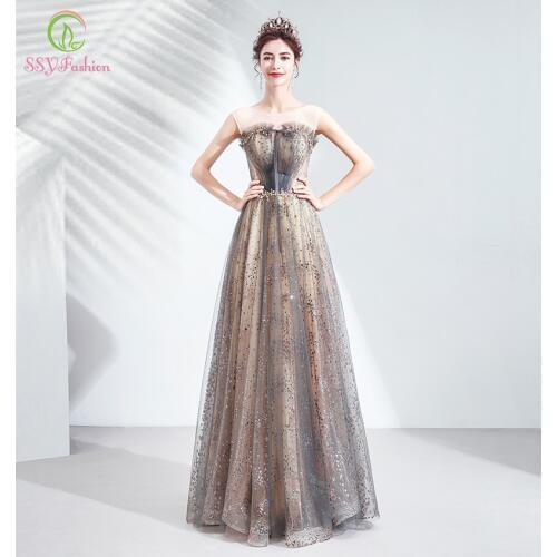 SSYFashion New Elegant Gold Grey Long Evening Dress Sequins Beading Sleeveless Floor-length Formal Party Gowns Vestido De Noche