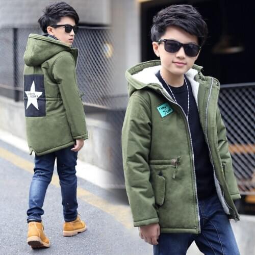 Winter Childrens Clothing Casual Kid Print Jacket Boy Plus Velvet Thickening Middle-Length Windbreaker