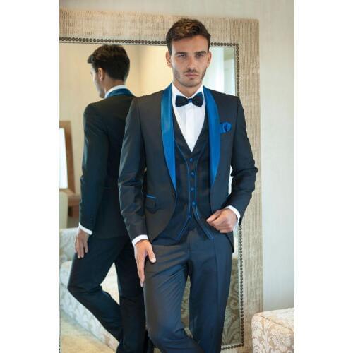 2017 italian men suits Navy Blue Flat Collar Customized mens suit for wedding Groom Tuxedos Groomsman Suit Jacket+Pants+Tie+Vest