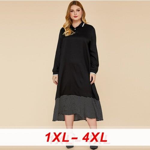 2020 Long Sleeves Patchwork Striped Loose Women Midi Dress Puff Sleeves Turn Down Collar Black Plus Size Polo Shirt Dress Women