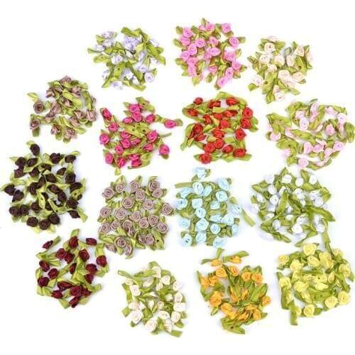 300PCS 1.5cm Satin Ribbon Roses Artificial Mini Silk Rosettes Fabric Flowers Heads Handmade DIY Craft For Wedding Decoration