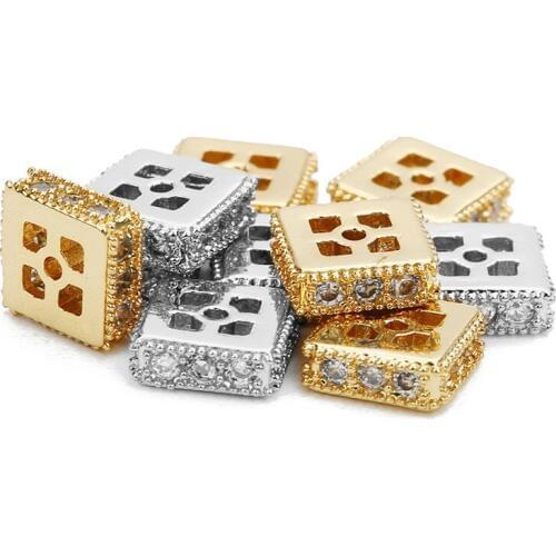 5Pcs/lot Gold Color Square Spacer Beads 6.5mm Pave CZ Zirconia Loose Hollow Beads Fit DIY European Jewelry Making Craft