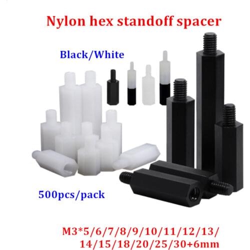 500pcs/lot M3*11+6 Nylon Hex Standoff Spacer M3 Male x M3 Female 11mm Length Metric Thread