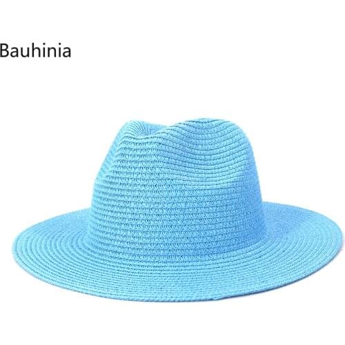 Bauhinia NEW Panama Summer Sun Hats for Women Men Solid color Beach Straw Hat British Style Jazz Fedoras Cap