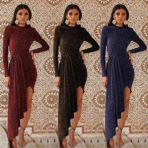 BKLD Autumn Women Sexy Sequin Long Sleeve Shiny Dress Fashion Irregular Split Mini Dress Female High Waist Ruched Dress 2019 New