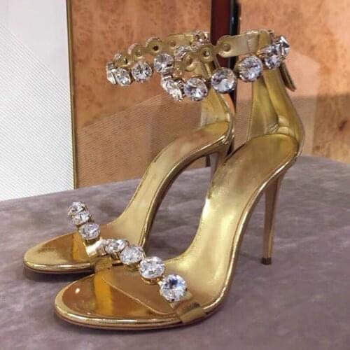 Bling Bling Rhinestones Gold Women Sandals Elegant thin high heels Ankle Strap Crystal Gladiator Sandals Summer Party Prom Shoes