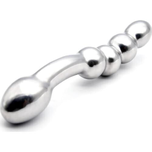 Stainless steel double large metal fake dildo G Spot anal beads plug P-spot prostate massager stick vaginal sex toy for woman