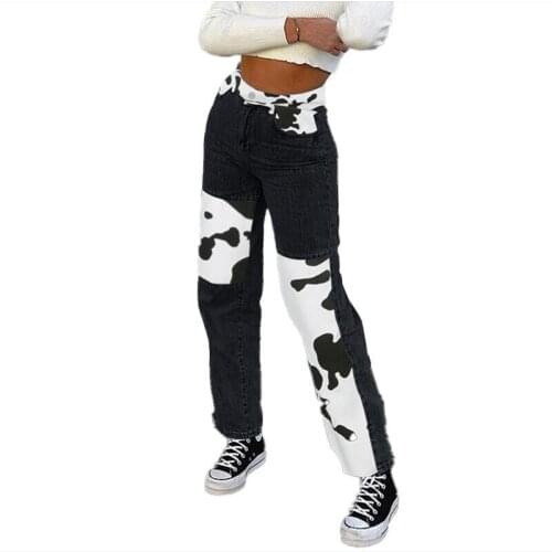Cow Pattern Patchwork Black Jeans Women Spring Autumn Fashion Slim High Waist Wide Leg Jeans Woman Casual Straight Denim Pants