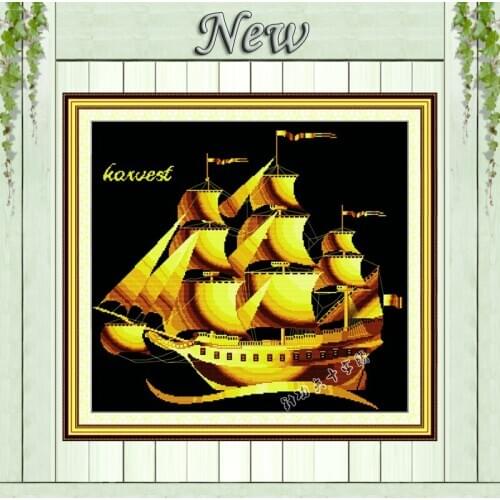 Sailing harvest scenery black cloth painting counted on canvas DMC 14CT 11CT unprinted Cross Stitch Embroider kit Needlework Set