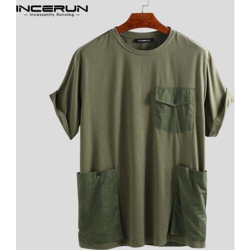 INCERUN Summer Men T Shirt Solid Casual Short Sleeve Tee Tops Pockets Streetwear Loose Couple T-shirts Men 2021 Camisetas Hombre