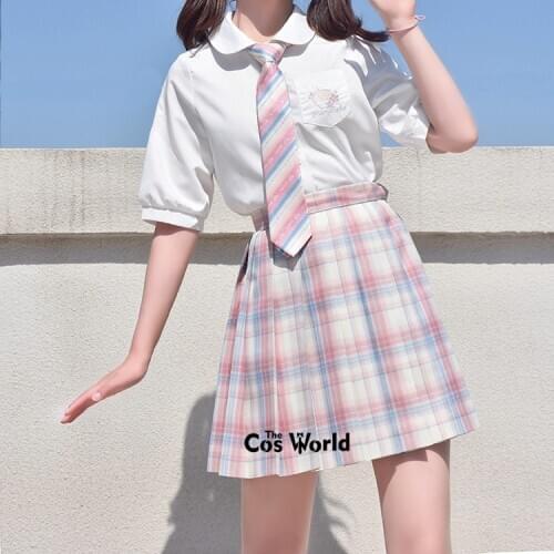 [White Peach Sake] Girls Summer High Waist Pleated Plaid Skirts For JK School Uniform Students Cloths