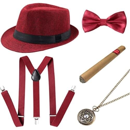 Adults Men Magician Costume Accessories Role Play Halloween Dress Up Top Hat with Cigar Pocket Watch Suspenders and Bow tie Set
