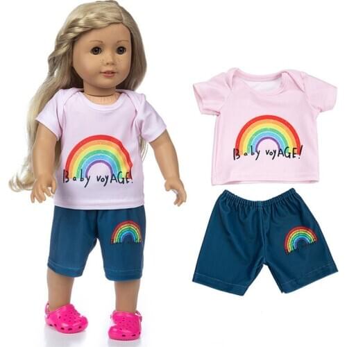 2020 New Rainbow short sleeve suit Fit for American Girl Doll Clothes 18-inch Doll , Christmas Girl Gift(only sell clothes)