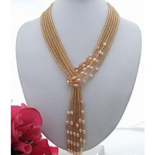 New beautiful 50" Pink Pearl Crystal Necklace earring set