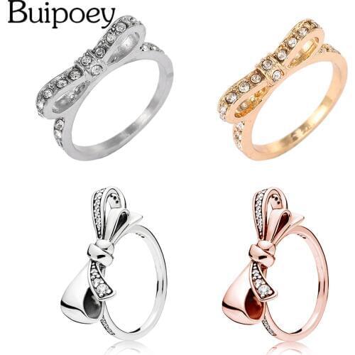 Buipoey European Pop Silver Color Rose Gold Bow Knot Wedding Ring With Shiny Crystal Rings Party Jewelry Valentines Day Gift