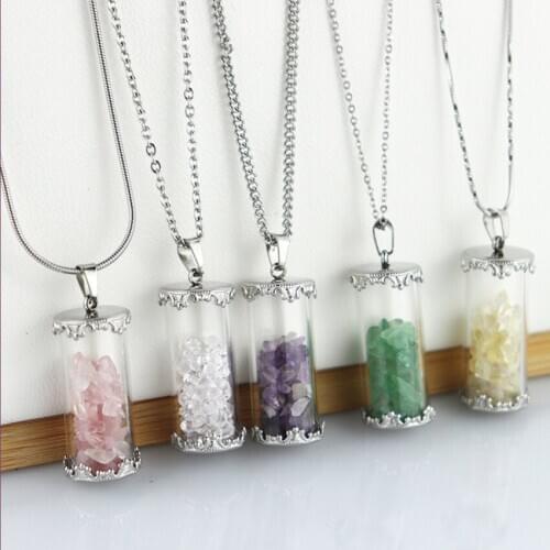 Silver Plated Wish Bottle Amethysts Crystal Pendant Link Chain Necklace Tourmaline Stone Fashion Jewelry