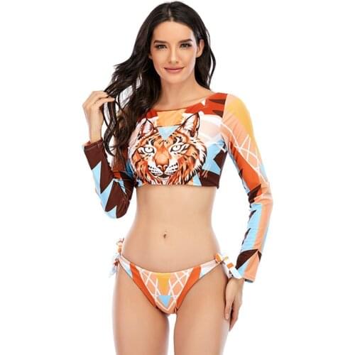 Long Sleeve Surfing Swimsuit Two Piece Push Up Tiger Print Sexy Bathing Suit Bandeau Swimwear Beachwear Summer Bikini 2021