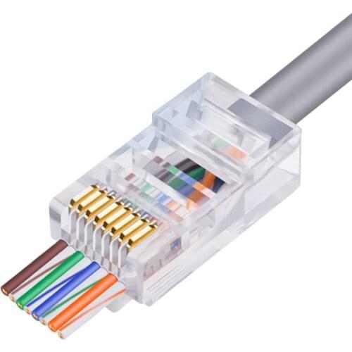 RJ45 Pass Through Cat6 Connector 30u Gold Plated STP Gold Plated 3 Prong Modular Plug 8P8C Ends For Network CAT6 LAN 100 Pcs