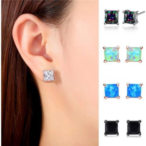 4/5/6/7MM Princess Cut Crystal Square Stud Earrings For Women Men Silver Rose Gold Color Black CZ White Blue Fire Opal Earrings