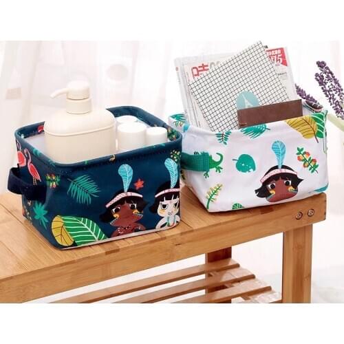 Foldable Sundries Storage basket Cute Printing Cosmetics Container Multifunction Cotton Linen Storage Basket Desktop organizer
