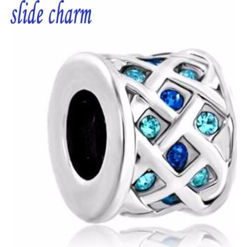 Slide charm Free shipping Blue Crystals Knitting Drum Charm Bead Designer Charm beads fit Pandora bracelet