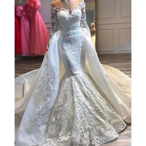 Lace Appliques Mermaid Wedding Dresses with Detachable Train Long Sleeve Off Shoulder Wedding Bridal Gowns vestidos de novia