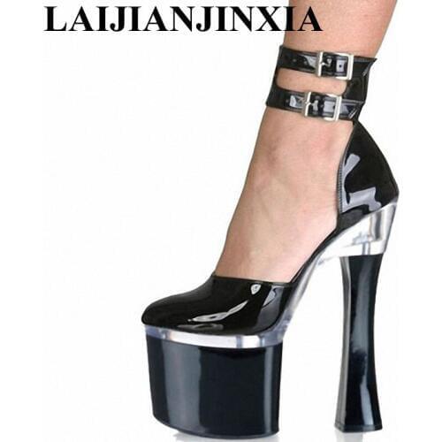 LAIJIANJINXIA Spring New 18cm Sexy Strap Peep Toe Shoes Platform Pumps Night Club Thin High Heels Women Party Dance Pumps Shoes