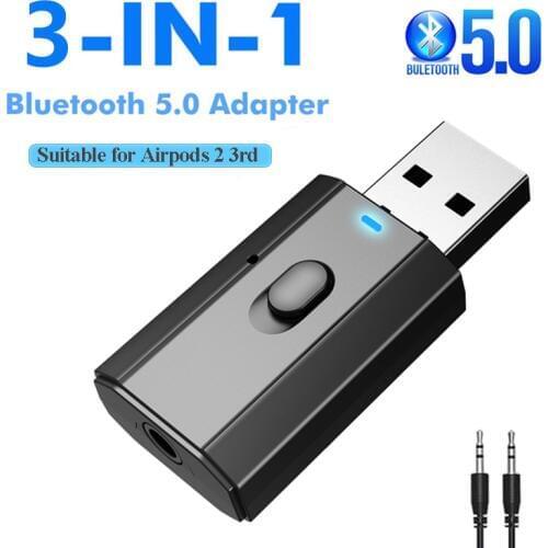 USB Bluetooth 5.0 Transmitter Receiver Wireless Audio Adapter Dongle 3.5mm AUX Jack & Mic Handsfree Call for TV PC Game Car