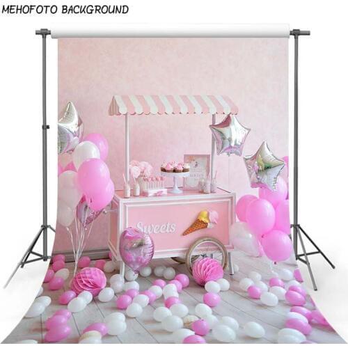 Pink and White Balloons Vinyl Backdrops for Photography 5x7ft Pink Ice Cream Car Photographic Background for Kids Birthday Party
