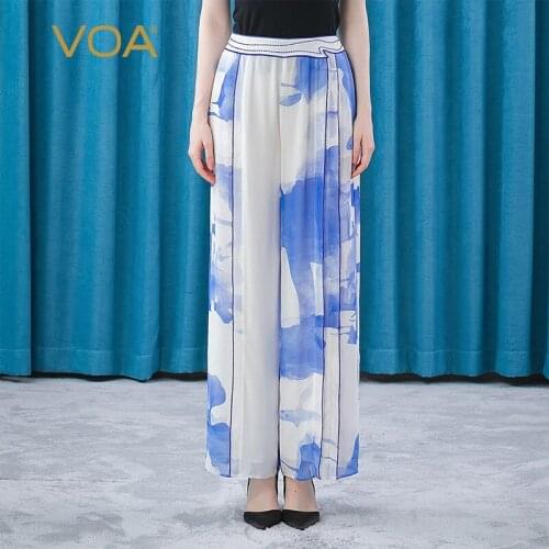 VOA Silk Ink Blue Natural Waist Asymmetric Stitching Embroidery Technology Loose Comfortable and Elegant Wide Leg Pants KE267