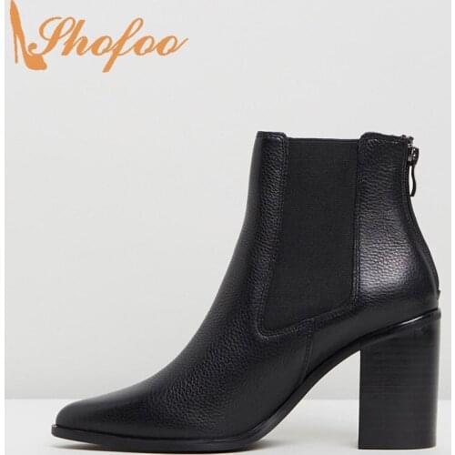Black Female Winter Booties Shoes Pointed Toe Ankle Chelsea Boots Woman Zipper Mature High Square Heels Large Size 13 14 Shofoo