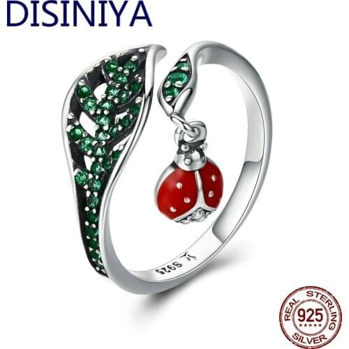 DISINIYA 925 Sterling Silver Resting Ladybug Dangle in Tree Leaves Finger Rings for Women Sterling Silver Jewelry Gift JSCR29310