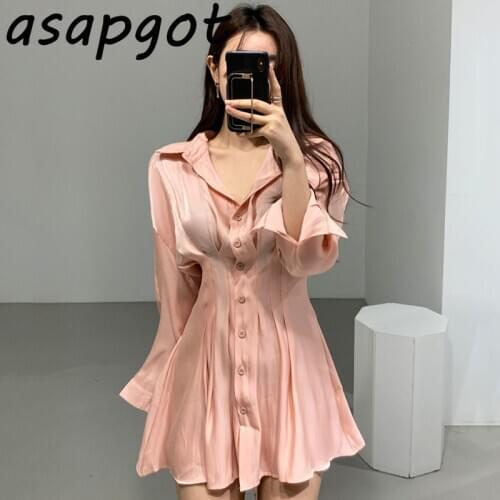Korean Chic Elegant Slim Luster Waist Pleated Back Lace Up Shirt Dress Women Mini Lapel Single Breasted Solid Vestido Feminino