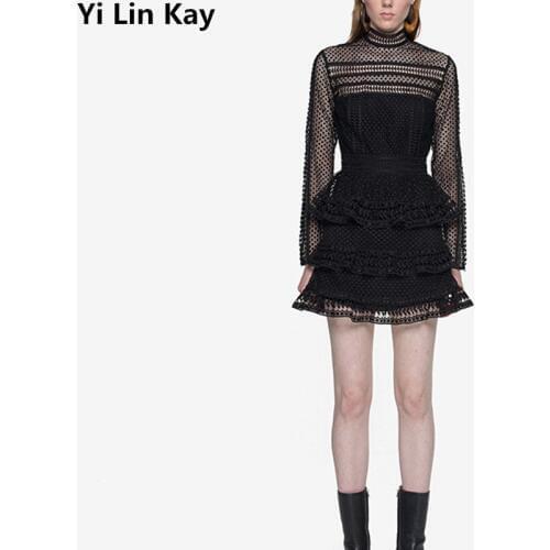 Yi Lin Kay High-end custom self autumn women dress Fashion runway Black and red lace hollowed-out dresses