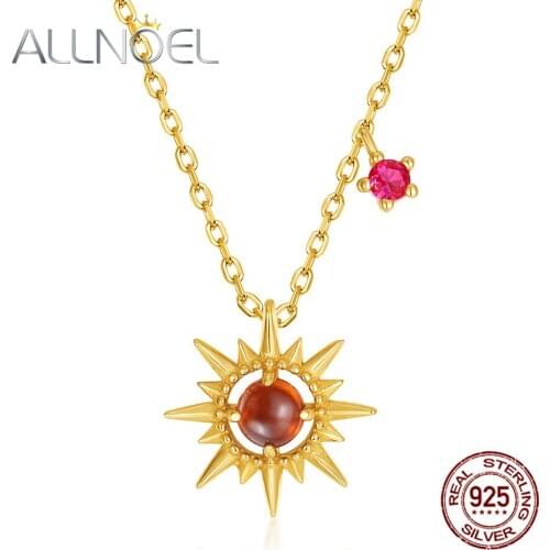 ALLNOEL Solid 925 Sterling Sliver Necklace For Women Natural Red Corundum Orange Pomegranate Wedding Fine Jewelry New Gift