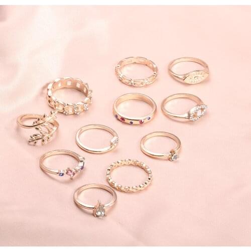 11Pieces 2020 Trendy Vintage Gold Color Leaf Rings Set For Women Crystal Midi Finger Ring 2020 Female Bohemian Jewelry Gifts 191