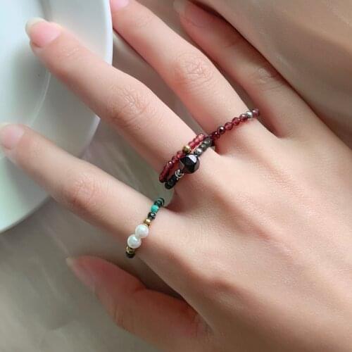 Bohemian Faceted Natural Stone Mini Rings Female Fashion Stainless Steel Beads Rings Elastic Rope Adjustable Handmade Jewelry