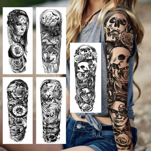 Skull Rose Temporary Tattoo Sleeve For Women Adult Fake Wolf Gangster Compass Tattoo Sticker Large Full Arm Tatoos Halloween