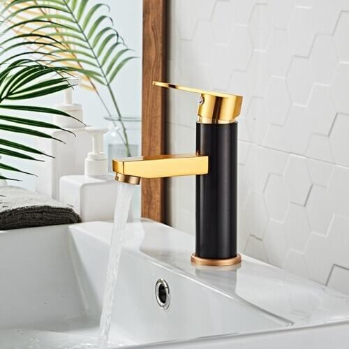 Grifo de aluminio negro dorado de un solo orificio, grifo de baño de hotel caliente y frío, lavabo