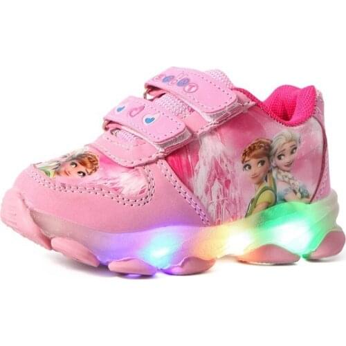 Disney Children Shoes Frozen Princess Aisha Girls Flashing LED Lights Comfortable Breathable Velcro Sneakers for kids 3Y-12Y