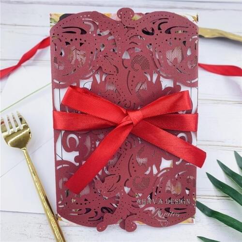 Elegant And Gorgeous Burgundy Invitation With Rose Laser Cut Wrap And Ribbon, Free Design
