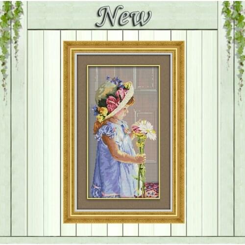 Caresses chrysanthemum lovely girl painting counted printed on canvas DMC 14CT 11CT Cross Stitch Needlework Sets Embroidery kits
