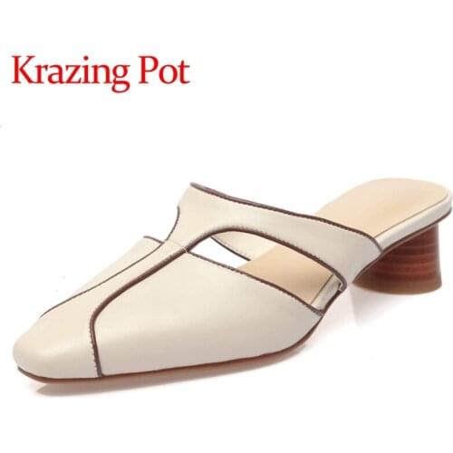 Krazing pot summer hot genuine leather square toe med heels mixed colors simple style young lady cozy slip on sandals women L87