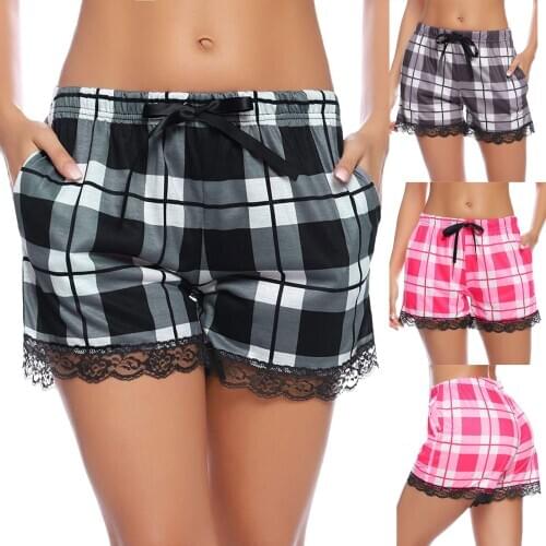 Summer Pajamas Women Shorts Fashion Women Soft Lace Ruffle Plaid Lounge Sleep Pockets Pajama Shorts Home Clothes Pants Female